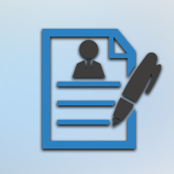 Graphic of a document with lines of text and a pen