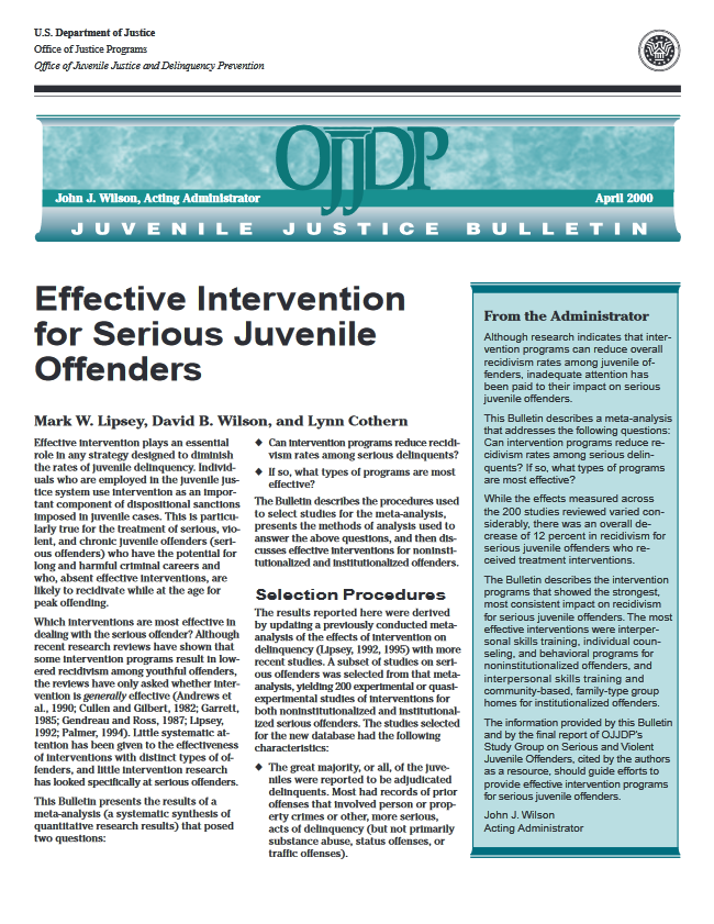 Effective Intervention for Serious Juvenile Offenders